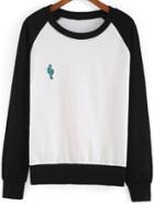 Romwe Black White Round Neck Cactus Embroidered Sweatshirt
