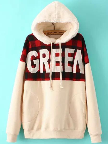 Romwe Hooded Letter Print Plaid Beige Sweatshirt