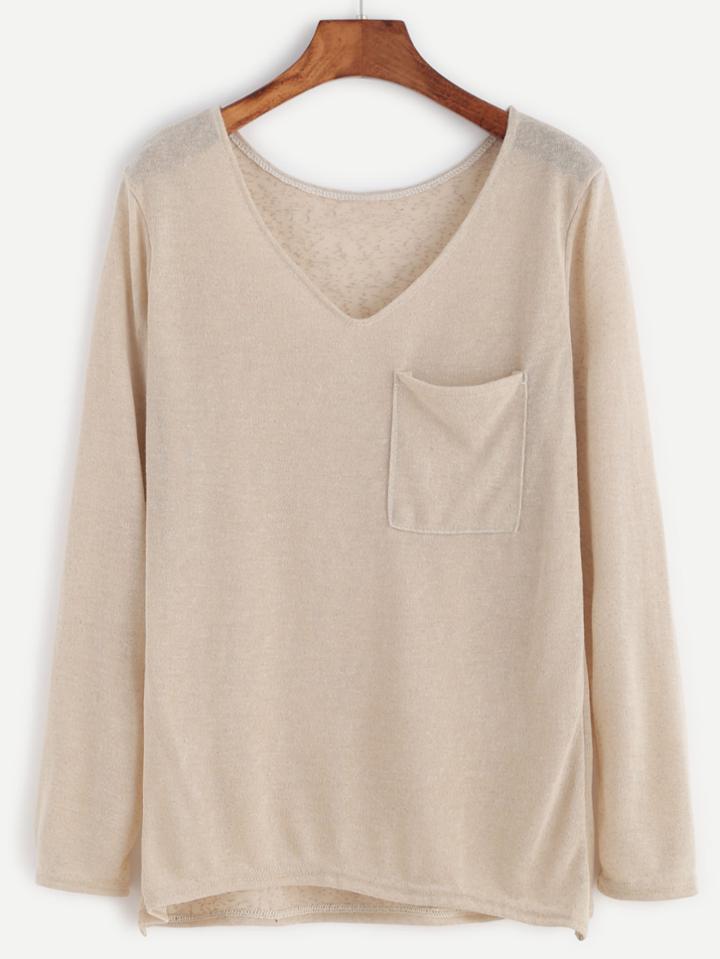 Romwe Apricot V Neck Dip Hem Pocket T-shirt