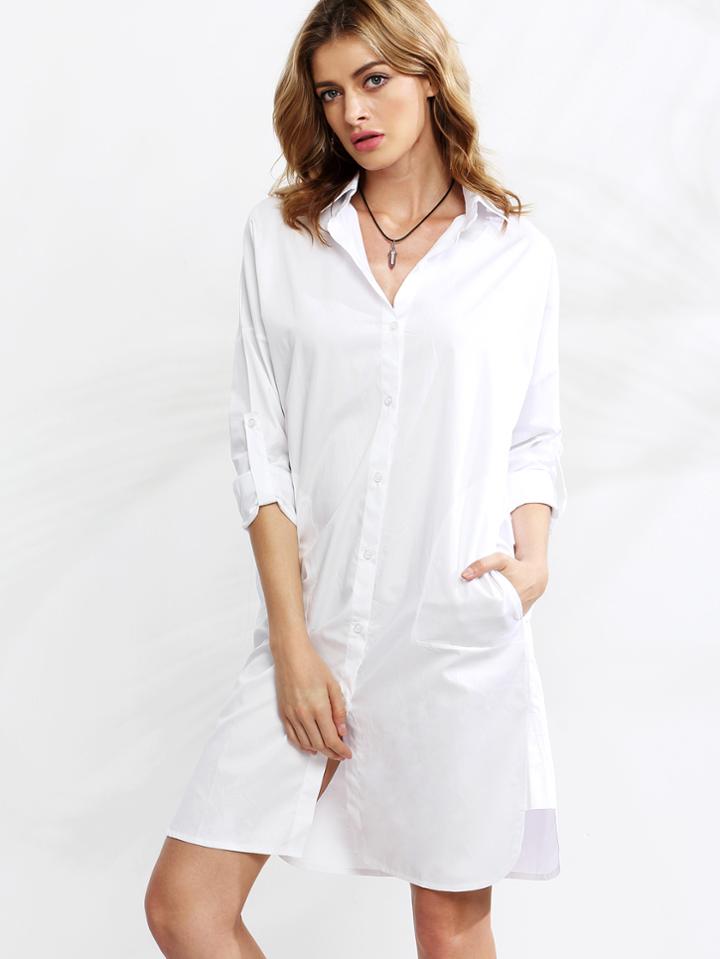 Romwe White Lapel Patch Pocket Shirt Dress