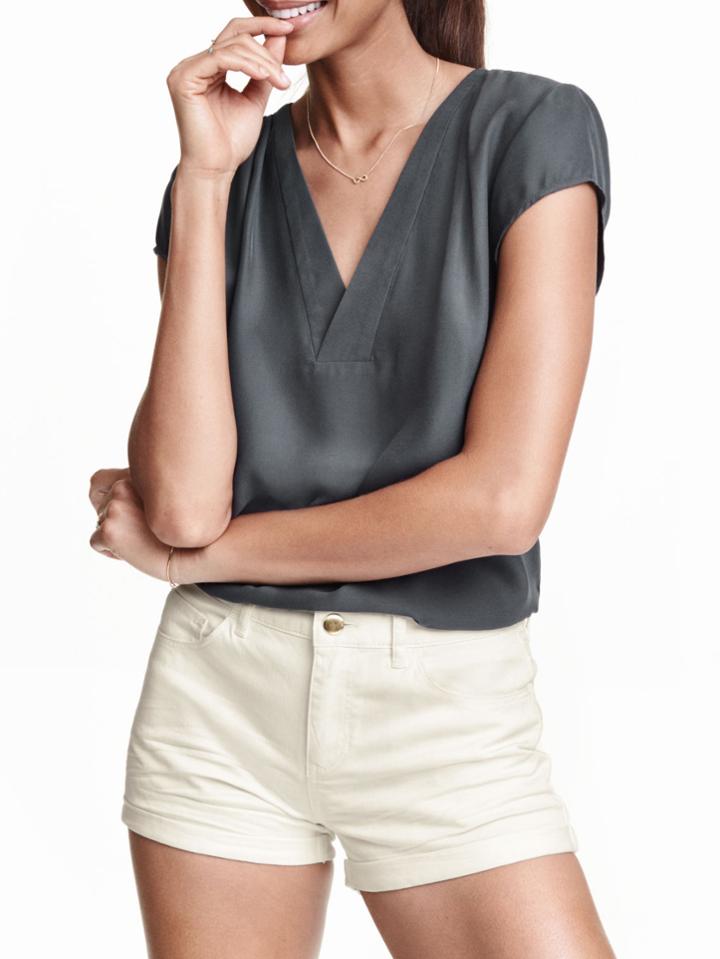 Romwe Dip Hem V Neck Grey Shirt