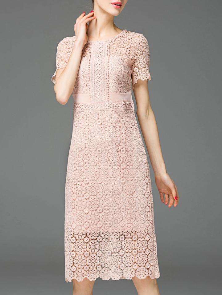 Romwe Pink Crochet Hollow Out Sheath Scallop Dress