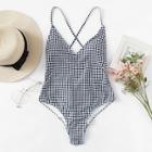 Romwe Gingham Tie Back Ruched One Piece Swimsuit