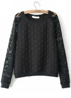 Romwe Lace Polka Dot Crop Black Sweatshirt