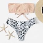 Romwe Lace-up Bandeau With Snake Print Bikini Set