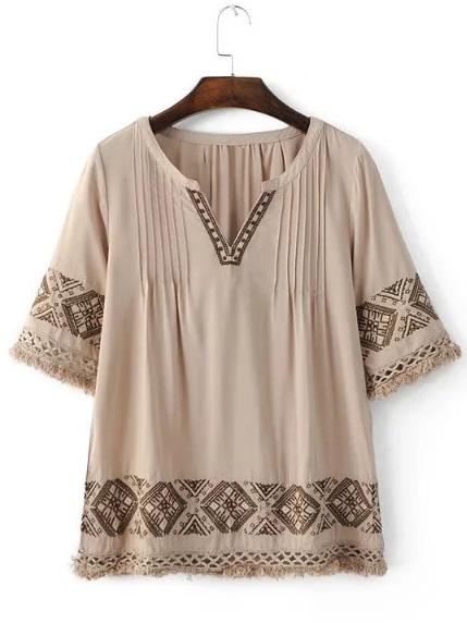 Romwe Khaki Half Sleeve Fringe Tirm Embroidery Blouse