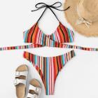 Romwe Random Striped Wrap High Cut Halter Bikini Set