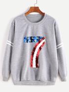Romwe Grey Varsity Striped American Flag Number Sequined Sweatshirt