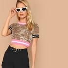 Romwe Leopard Print Striped Trim Top