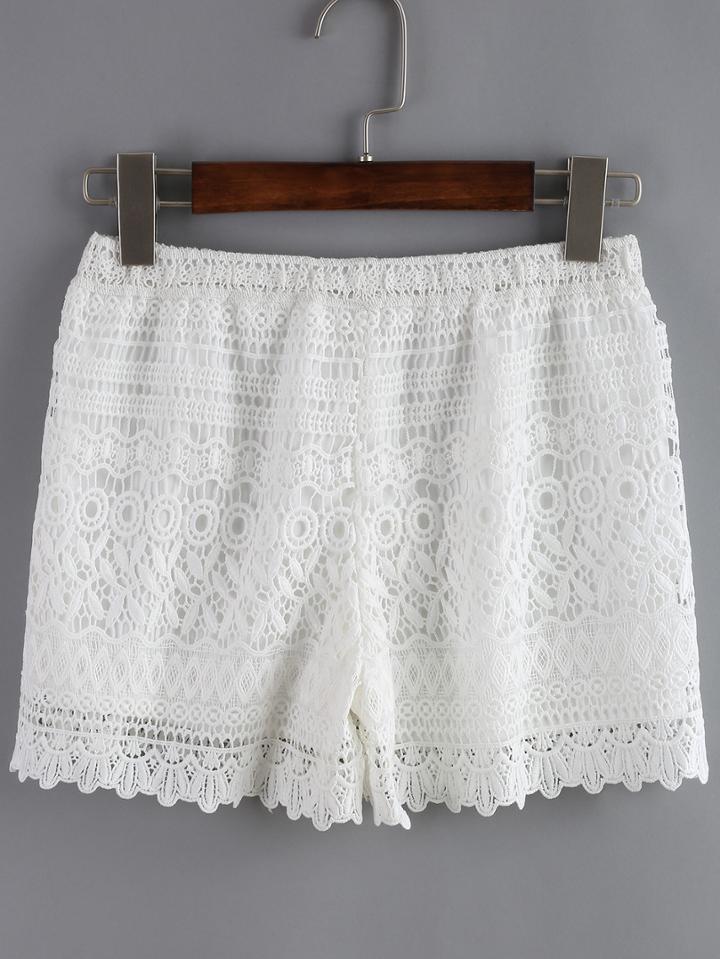 Romwe Elastic Waist Lace White Shorts
