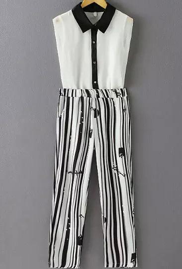 Romwe Contrast Collar Sleeveless Top With Vertical Striped Pant