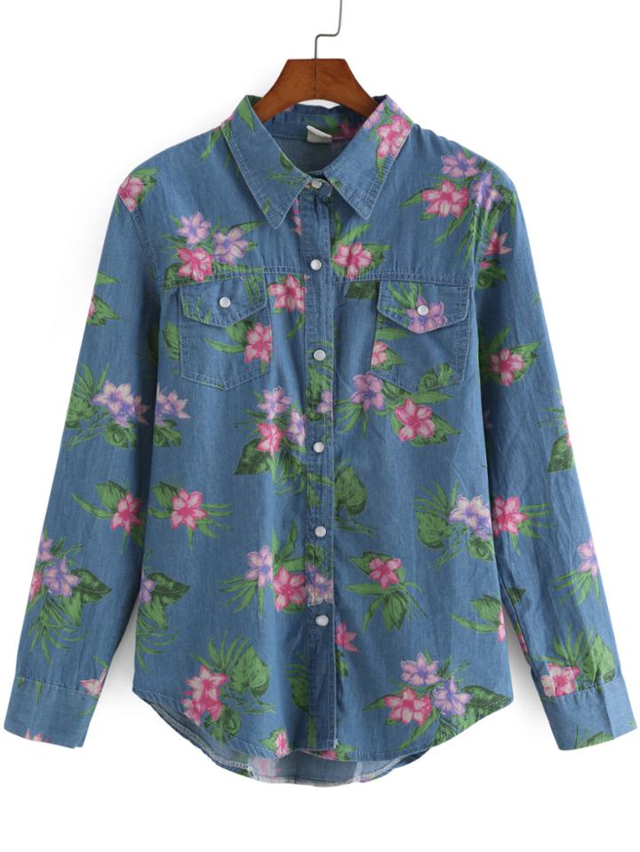 Romwe Lapel Flower Print Denim Blouse
