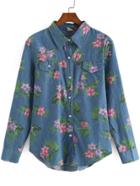 Romwe Lapel Flower Print Denim Blouse