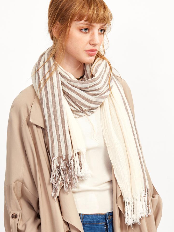 Romwe Khaki Stripe Long Tassel Scarf