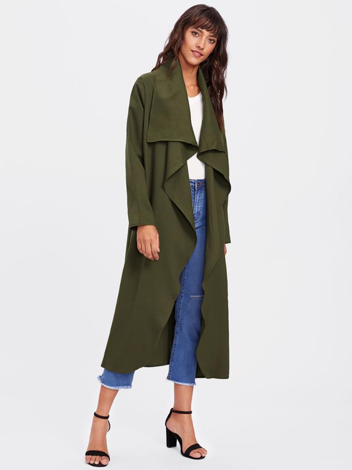 Romwe Self Tie Slit Side Waterfall Duster Coat