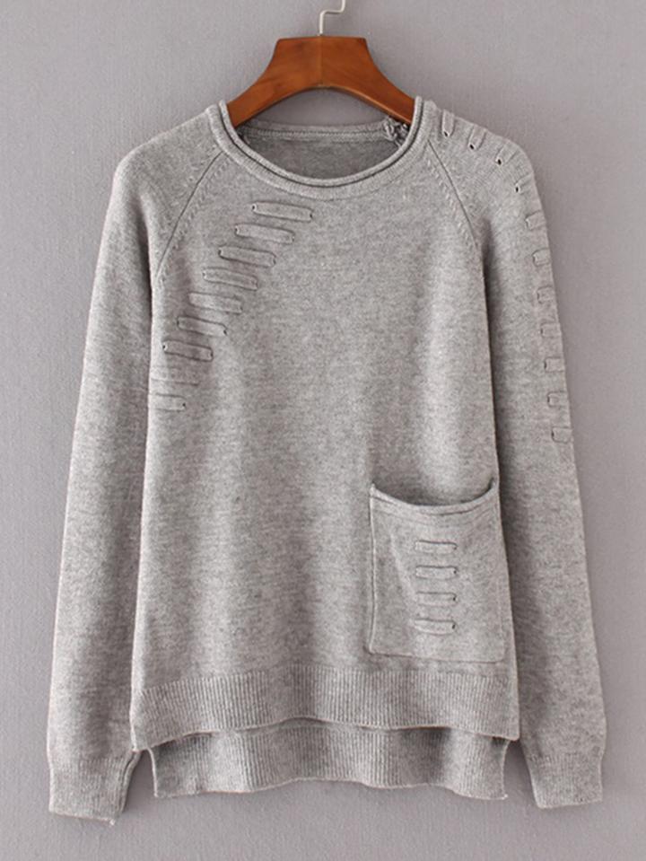 Romwe Front Pocket Raglan Sleeve High Low Knitwear