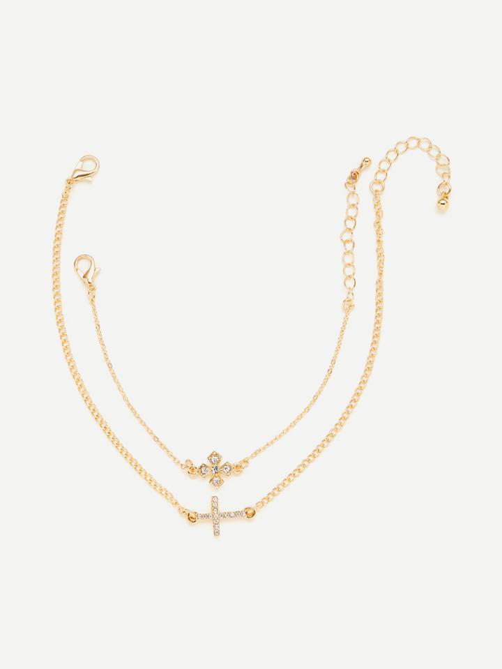 Romwe Rhinestone Detail Cross Design Link Bracelet Set