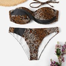 Romwe Leopard Twist Underwire Bandeau With Low Rise Bikini