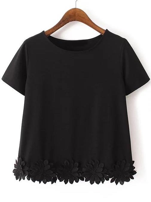Romwe Black Short Sleeve Flowers Hem Casual T-shirt