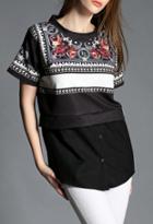 Romwe Contrast Hem With Buttons Vintage Print Black Top