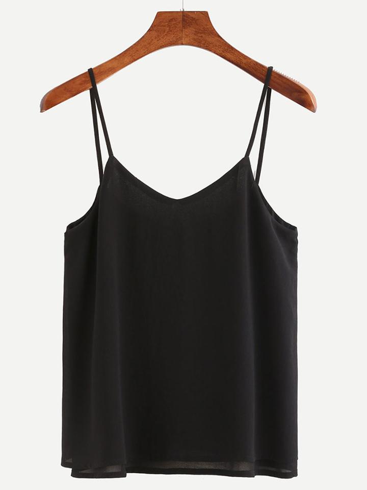 Romwe Lattice Panel Chiffon Cami Top - Black