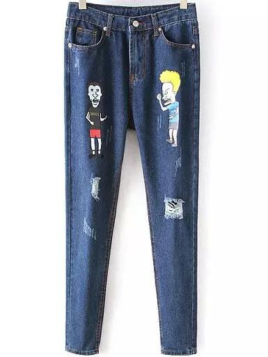 Romwe Cartoon Print Ripped Denim Pant
