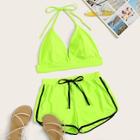 Romwe Neon Lime Halter Top With Shorts 2 Piece Swimsuit