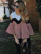 Romwe Contrast Gingham Plaid Open Shoulder Ruffle Tiered Top