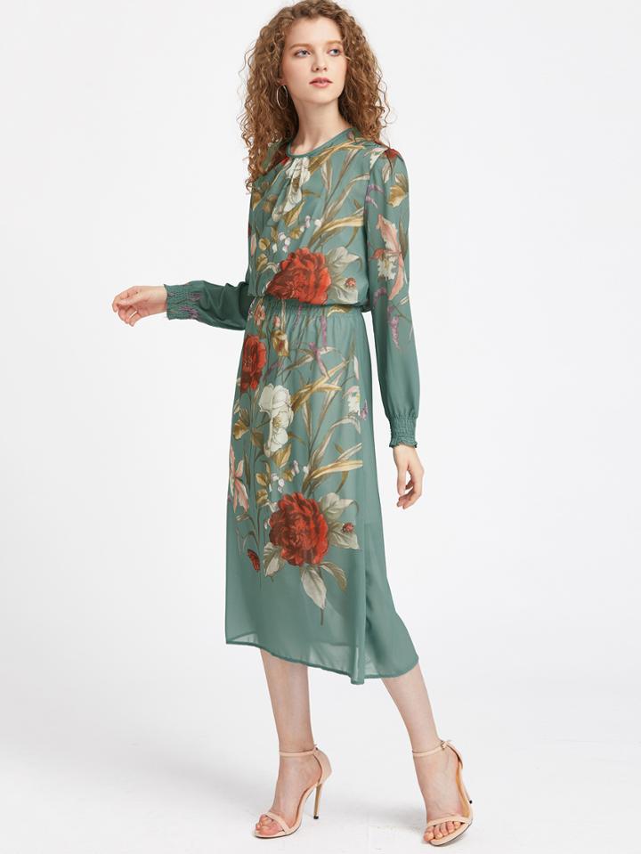 Romwe Floral Shirred Cuff Keyhole Back Dress