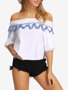 Romwe Scalloped Crochet Trimmed Off-the-shoulder White Blouse