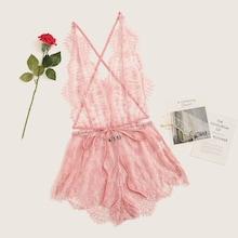 Romwe Criss-cross Backless Sheer Lace Night Romper