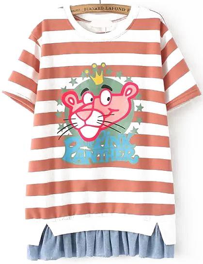 Romwe Contrast Hem Striped Lion Print Orange T-shirt