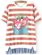 Romwe Contrast Hem Striped Lion Print Orange T-shirt