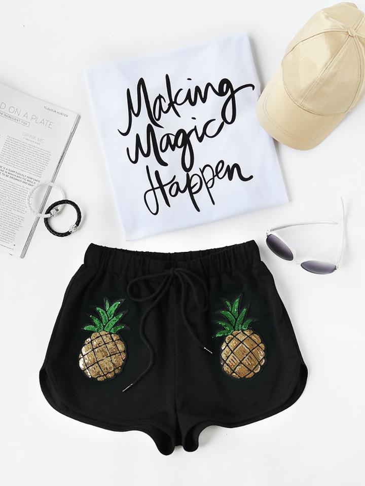 Romwe Sequin Pineapple Patch Drawstring Dolphin Shorts