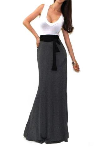 Romwe Scoop Neck Belt Maxi Grey Dress