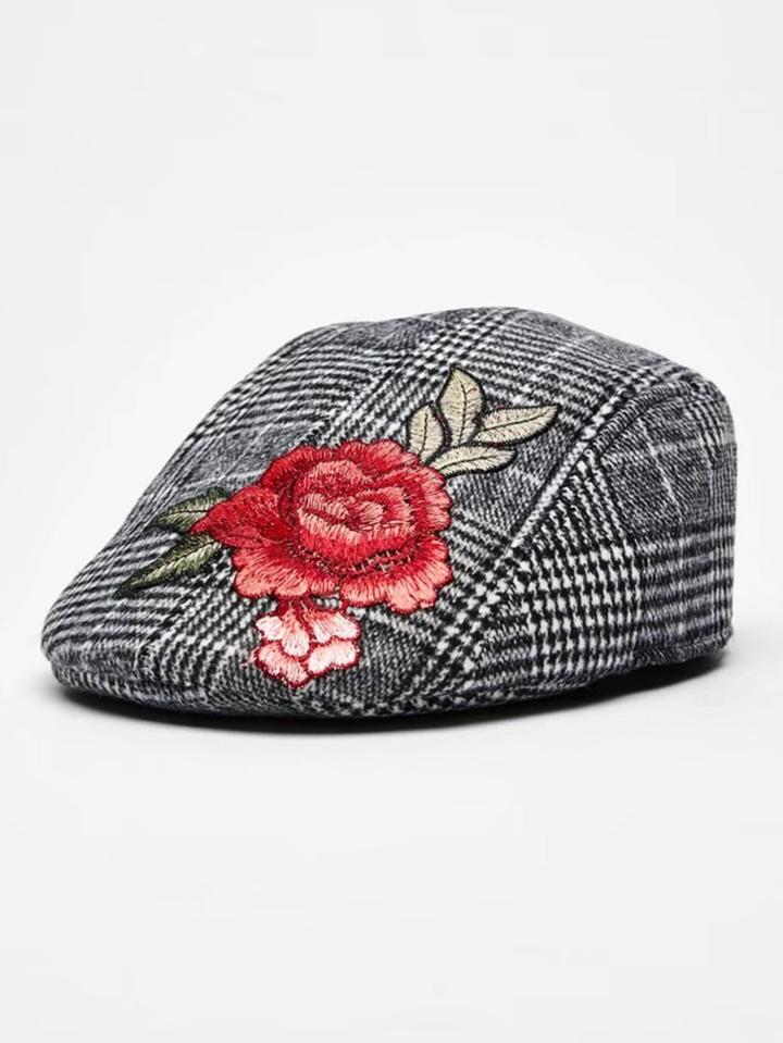 Romwe Flower Applique Plaid Flat Cap