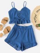 Romwe Grommet Lace Up Frill Hem Cami Top With Shorts