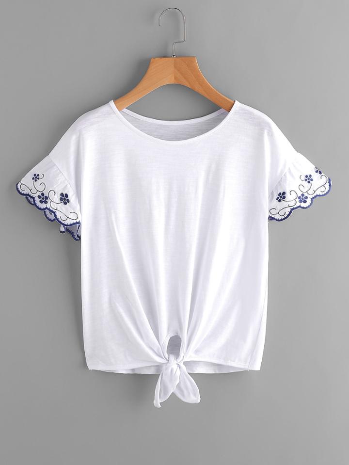 Romwe Ruffle Sleeve Knot Front Tee