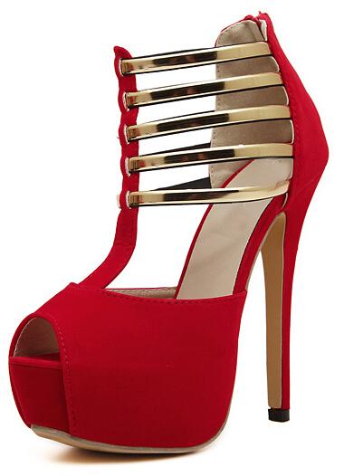 Romwe Red Metal Embellished Peep Toe Shoes