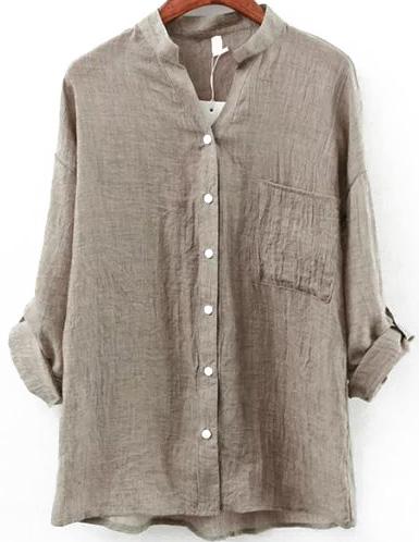 Romwe V Neck With Pocket Coffee Blouse