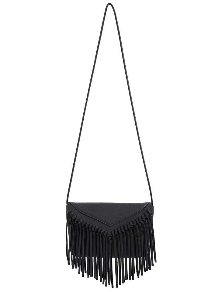 Romwe Black Tassel Zipper Pu Shoulder Bag