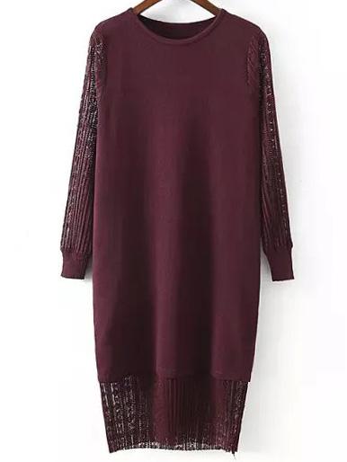 Romwe Lace Insert Pleated Burgundy Sweater Dress
