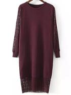 Romwe Lace Insert Pleated Burgundy Sweater Dress