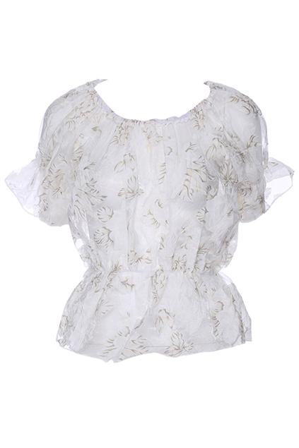 Romwe Flower Print Short-sleeved White Organza Blouse