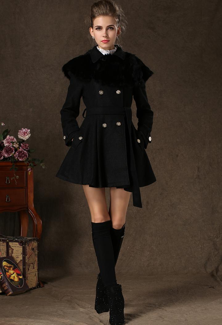 Romwe Black Lapel Long Sleeve Buttons Woolen Coat