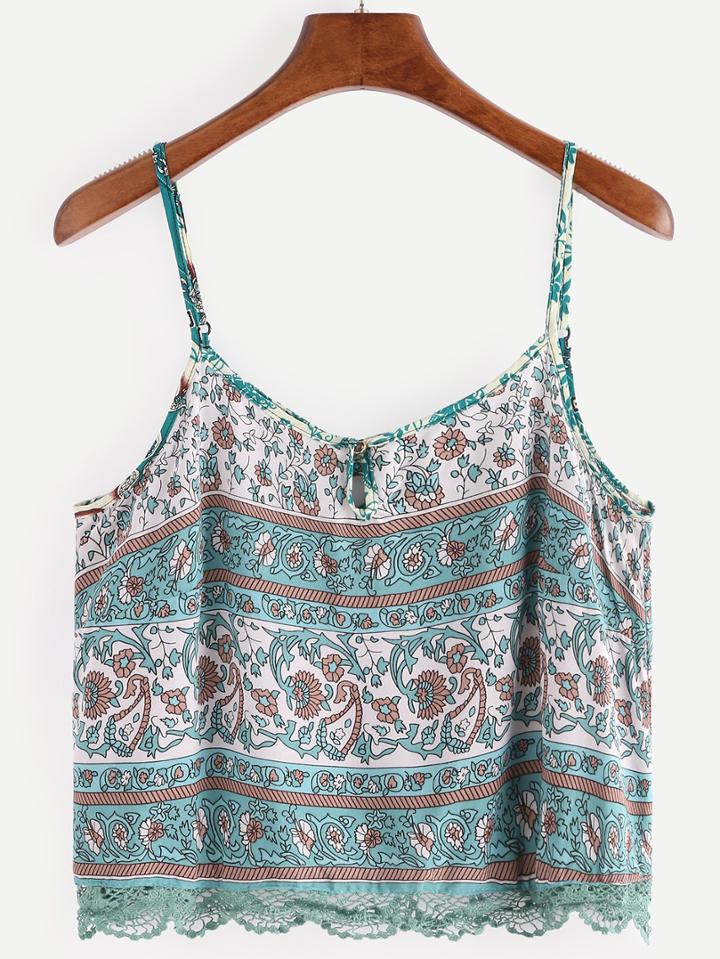 Romwe Lace Trimmed Flower Print Cami Top - Mint Green