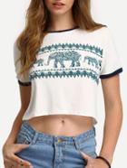 Romwe Contrast Trimmed Elephant Print Crop T-shirt