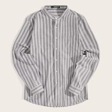 Romwe Guys Single Pocket Band Collar Striped Shirt