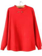 Romwe Long Sleeve Loose Red Sweater With Brooche