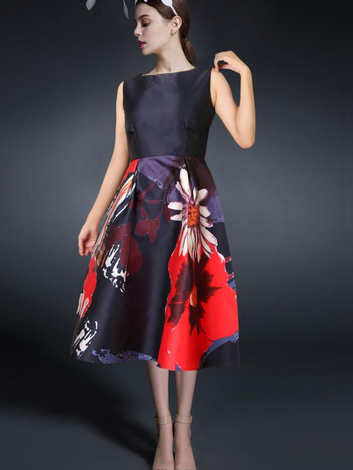 Romwe Sleeveless Florals Flare Black Dress